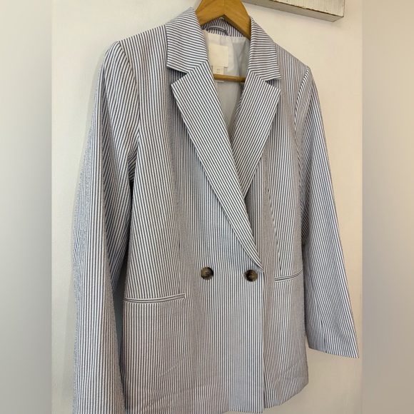 H&M Oversized Seersucker Double Breasted Longline Blazer - Picture 1 of 9